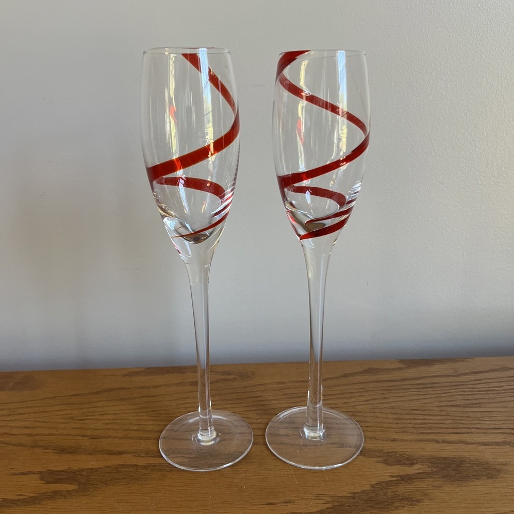 PIER 1‎  RED SWIRLINE CHAMPAGNE FLUTE GLASS (SET OF TWO) Long Stem 10" TALL